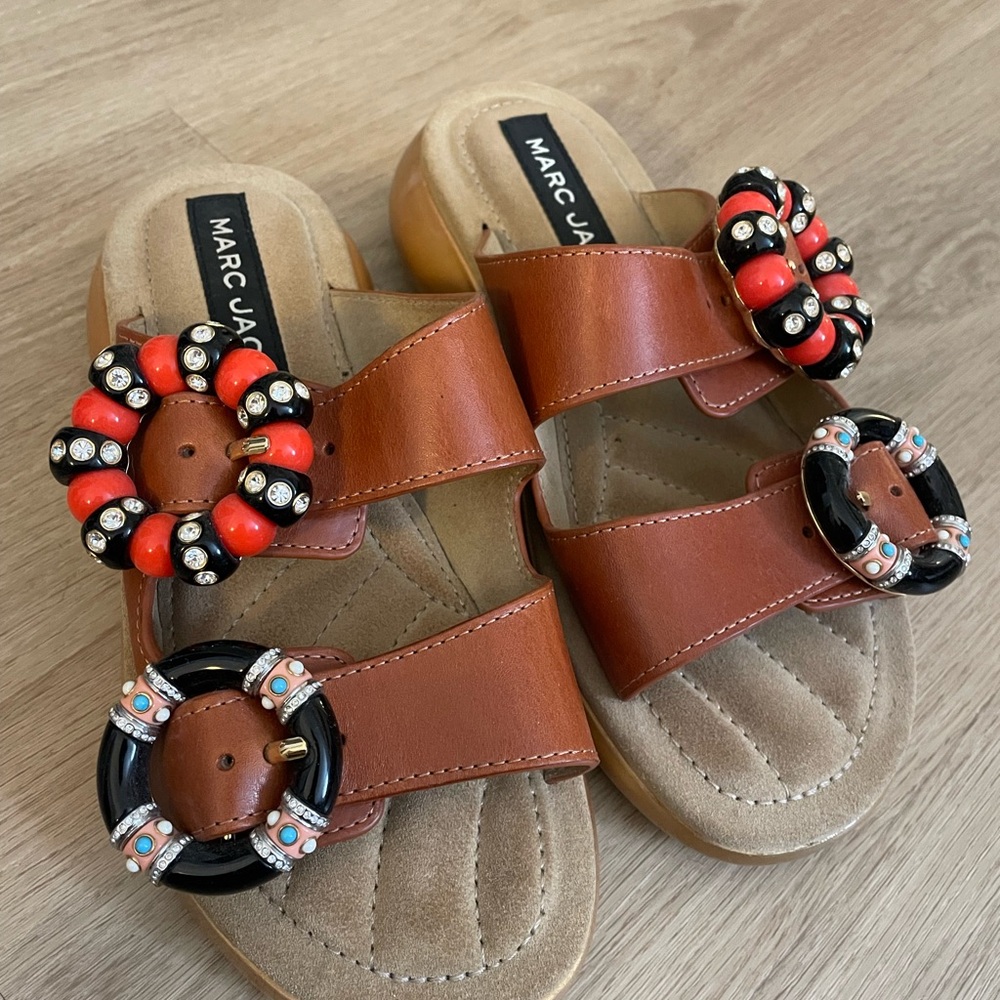 Marc Jacobs Tan Sandals with Red and Black Beaded Rings